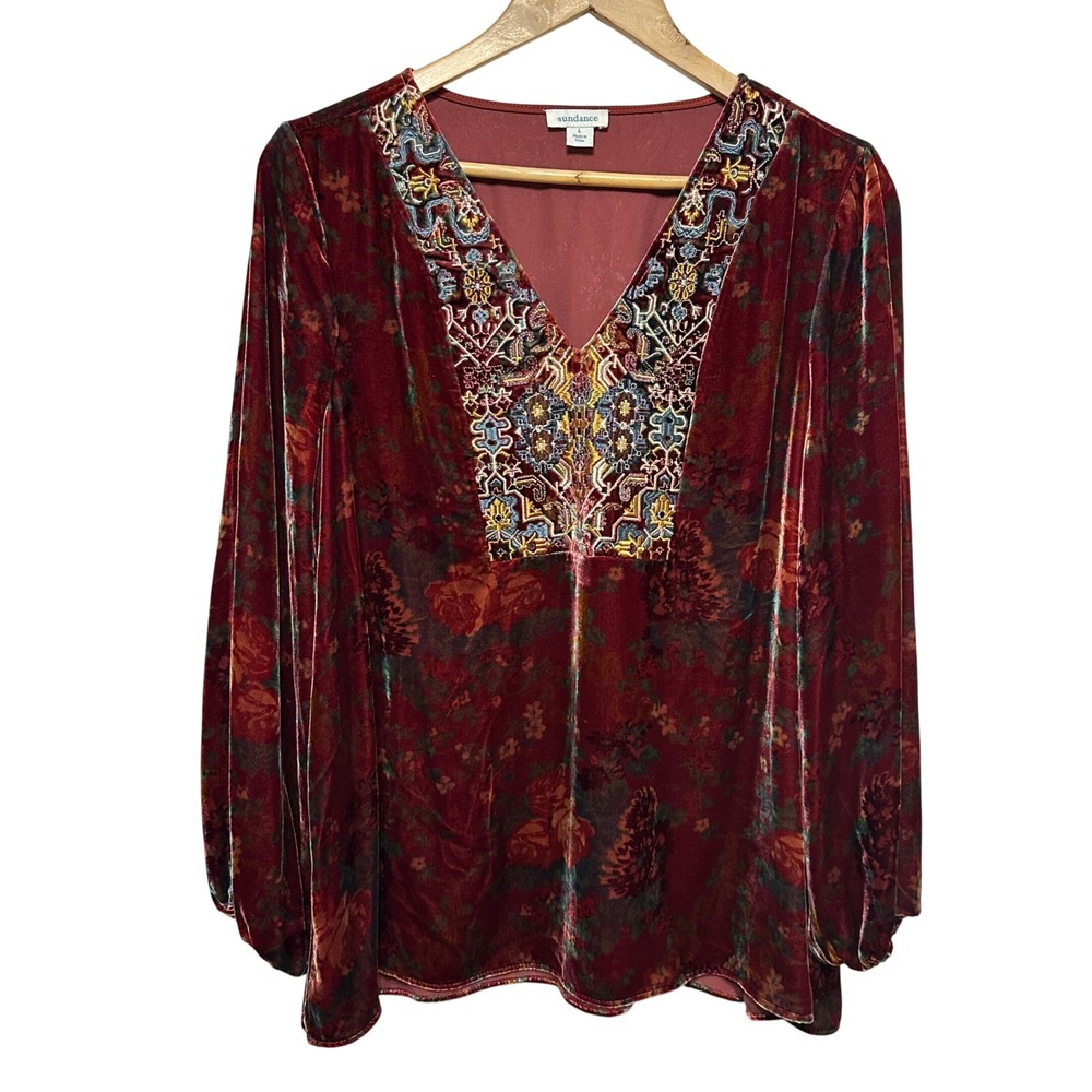 Sundance Floral Velvet Embroidered Tunic Womens Large Burgundy Silk Rayon Boho
